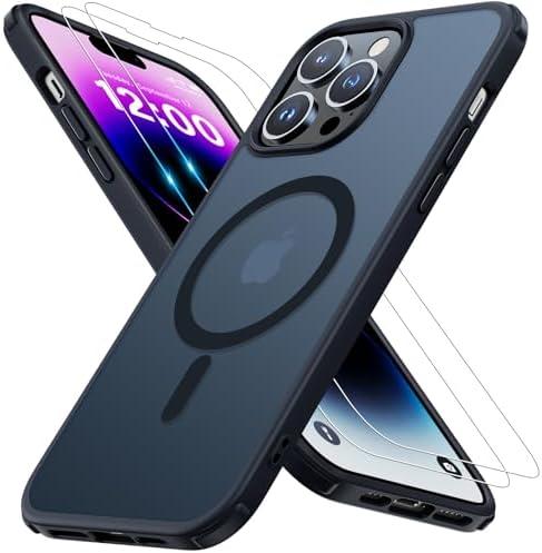 Iokmax Magnetic for iPhone 14 Pro Max Case [Compatible with MagSafe]with 2X Screen Protector, Military-Grade Slim Shockproof Phone Cover Translucent Matte Anti-Fingerprint Anti-Scratch,6.7 inch,Black