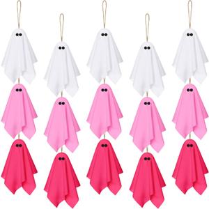 Tegeme 15 Pcs Pink Halloween Ghost Decor Pastel Hanging Ghosts Halloween Decor 4 Inch Pink Decoration Indoor Outdoor Hanging Tree Ornaments for Home Garden Holiday Party