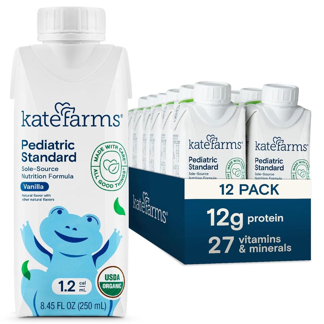 KATE FARMS Organic Plant Based Pediatric 1.2 Sole Source Vanilla Nutrition Shake, 12g of protein, 27 Vitamins and Minerals, Meal Replacement Drink for Kids, Non-GMO, 8.45 Fl oz (Pack of 12)