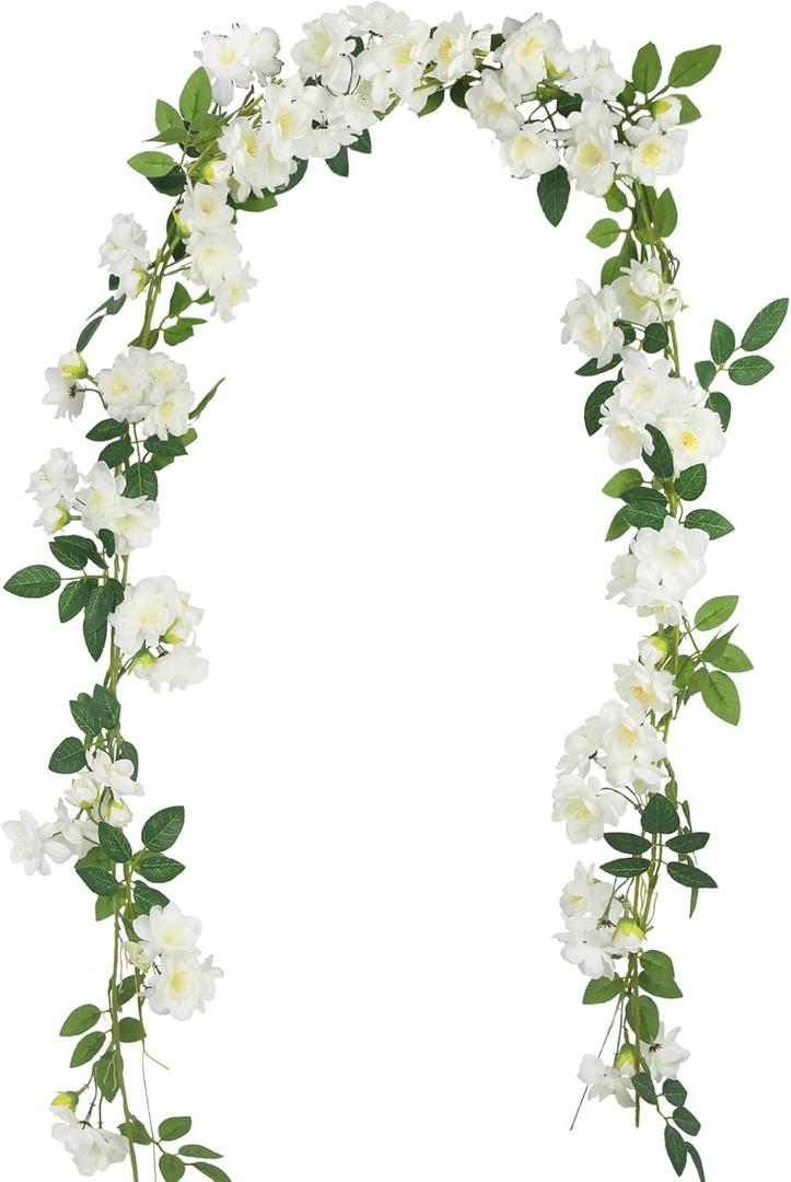 2 Pcs Artificial Flowers Garland for Outdoors White Faux Gardenia Garland 12Ft Silk Rose Hanging Vines Floral for Wedding Arch Party Wall Garden Ceremony Backdrop Fence Spring Decor