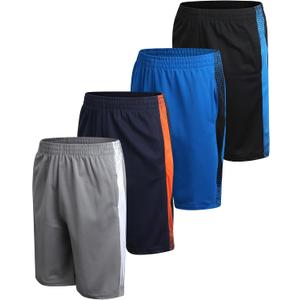 Pro Athlete Boys Basketball Shorts - 4 Pack Athletic Gym Shorts with Elastic Waistband & Zipper Pockets for Workout & Running