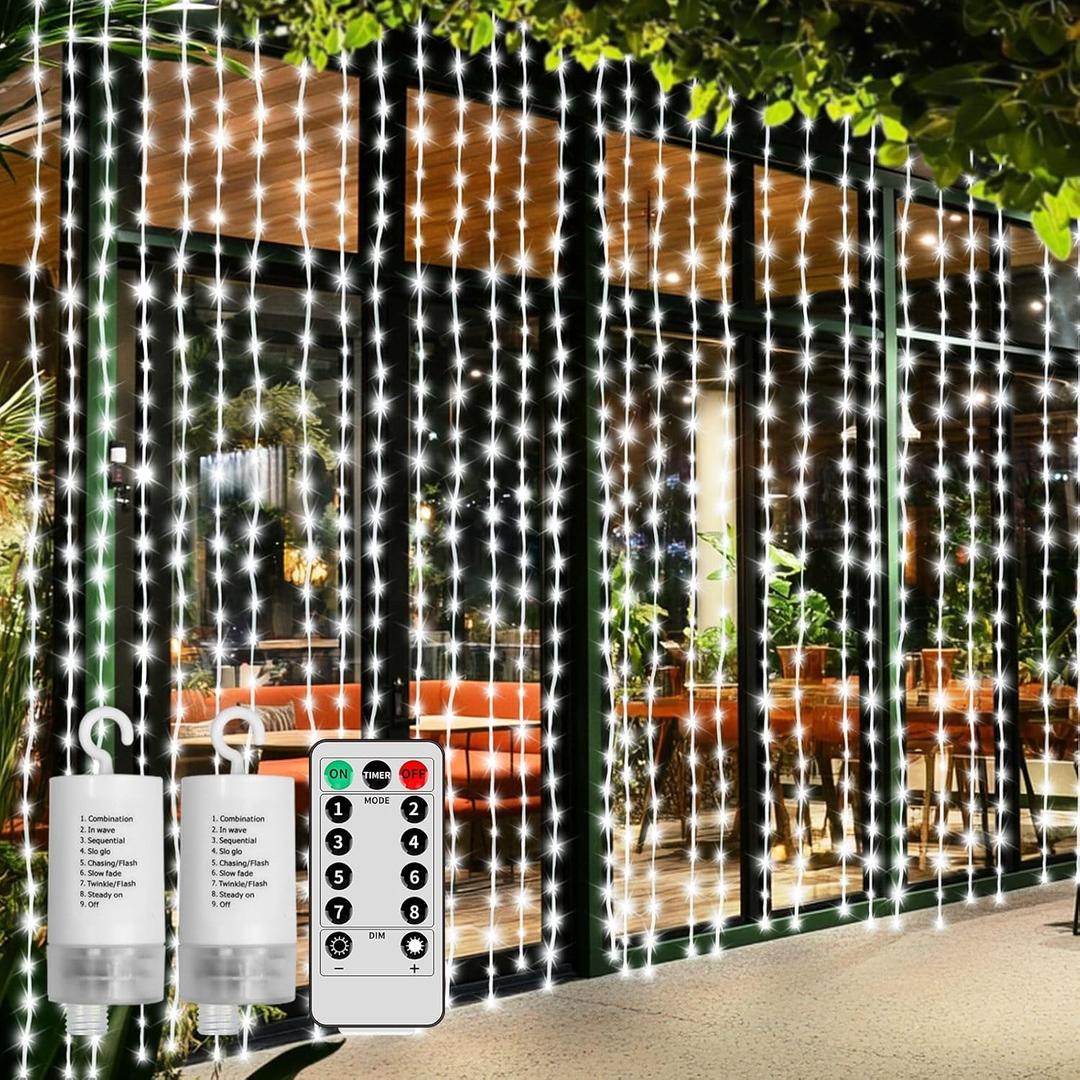 300 LED Curtain Lights Battery Operated, 2Pack 10ftx10ft Battery Power Fairy Curtain String Lights with Remote Timer, for Outside Patio Backdrop Indoor Bedroom Wedding Decor Cool White