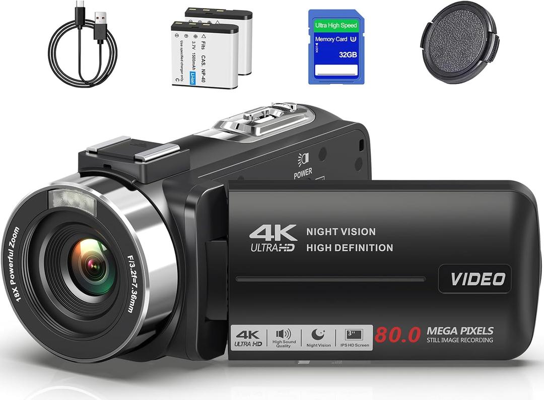 4K Video Camera Camcorder Ultra HD 80MP Vlogging Camera for YouTube 18X Digital Zoom 3.0" IPS 270 Screen IR Night Vision Camcorder Recorder with 32GB SD Card, Lens Cap and 2 Batteries (BLACK)