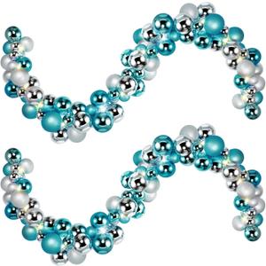 2 Pcs Christmas Balls Garland 6 ft Hanging Ornaments Xmas Balls Decorations with 2 Pcs 10 Feet LED Lights for Home Indoor Outdoor Tree Mantel Wedding Decoration (Blue, Silver)
