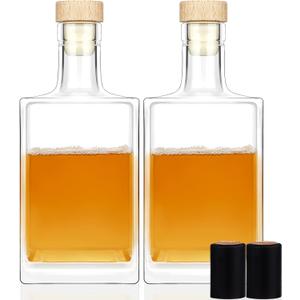 Liengoron 2 Pack 25 Oz Glass Bottles with Lid 750 ml Clear Empty Bottles with Cork Square Glass Bottle with Cap for Liquor Vodka Brandy Whiskey Beer Water Soda