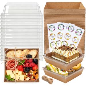 NPLUX Disposable Charcuterie Boxes with Clear Lid, Food Boxes for Cold&Room Temperature Foods, Grease-Resistant Bakery Packaging for Pastry & Takeout Use 5.3x4.9x2.5INCH(50 Pack,Brown)