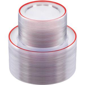 BESTSTAR 200PCS Red and Clear Plastic Plates, Disposable Plate Set with 100 Dinner Plate and 100 Dessert Plates for Party, Christmas, Valentine's Day