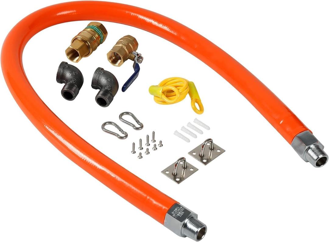 HUOYANSHE-48" Commercial and Mobile Gas Hose Safety Connector Kit with 2 Elbows, Quick Disconnect-3/4, Flexible Gas Line,Brass Valve, Restraining Devices for Kitchen Equipment and Power Generator