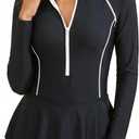 Daci Women Black Long Sleeve One Piece Rash Guard Modest Swimsuits Dress Zipper Bathing Suit Skirt with Short UPF 50+ , M