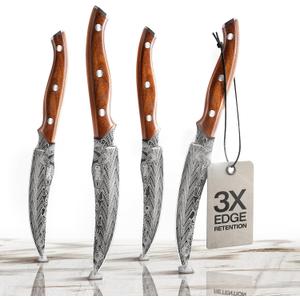 Jikko Bushido Edition Japanese AUS-8 Steak Knife Set (4 pcs) with Rosewood Handles | Premium Full-Tang Carving Knives for Meat, Steak & BBQ Razor Sharp 15 Edge, Gift Collectors Box