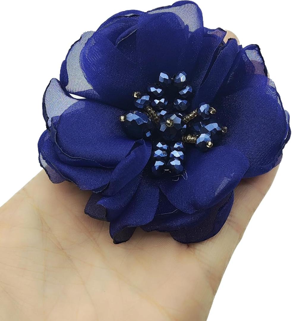 3 PC Rhinestone Bead Chiffon Flower Embroidered Sewing On Appliques Trims for DIY Crafts, Clothing, Wedding Dress Applique, Navy Blue, 3 Inch