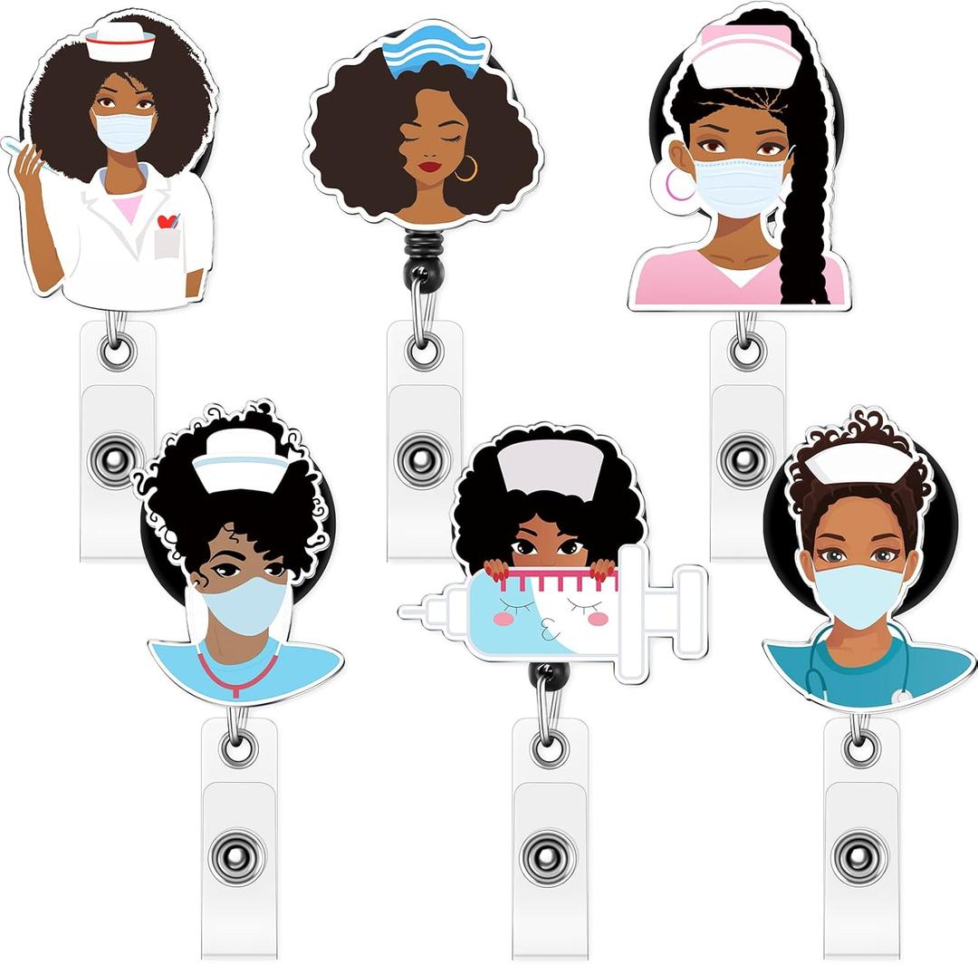 6 Pcs Black Girl Nurse Badge Holders Reel Retractable with Clip, Nurse ID Badge Clip Holders for Christmas Women Doctor CNA Week Graduation Birthday Hospital Nursing Volunteer Student Valentine Gift