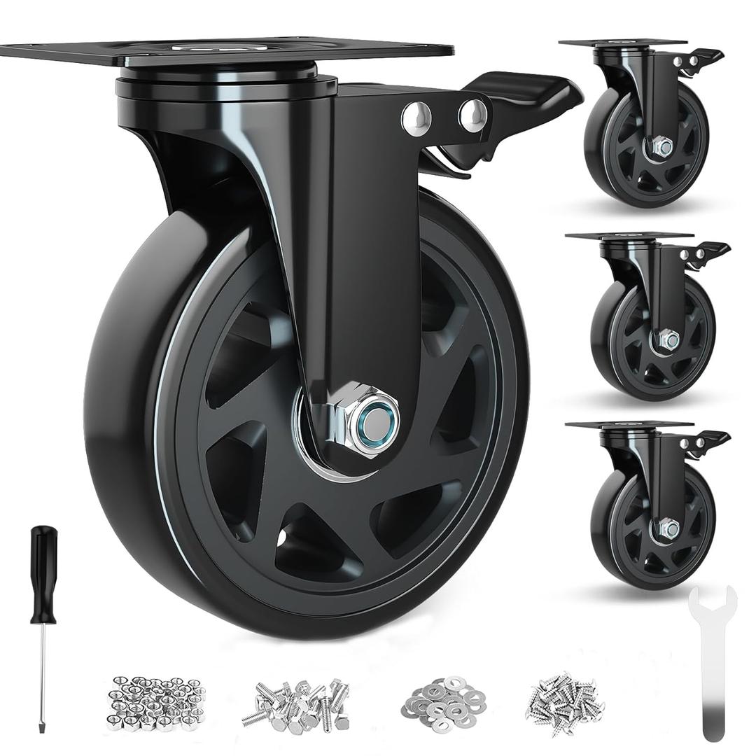 6 Inch Caster Wheels Heavy Duty Casters with Brake, Casters Set of 4 Loading 3000 Lbs, Locking Industrial Swivel Top Plate Casters Wheels for Furniture and Workbench Cart(Two Hardware Kits Included)