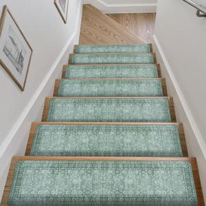 Vintage Stair Treads Non Slip Stair Runners for Wooden Steps Indoor, 15PCS 8"x30" Rubber Backing Carpet Treads for Wood Stairs Staircase Step Treads for Kids & Dogs, Stair Covers, Green