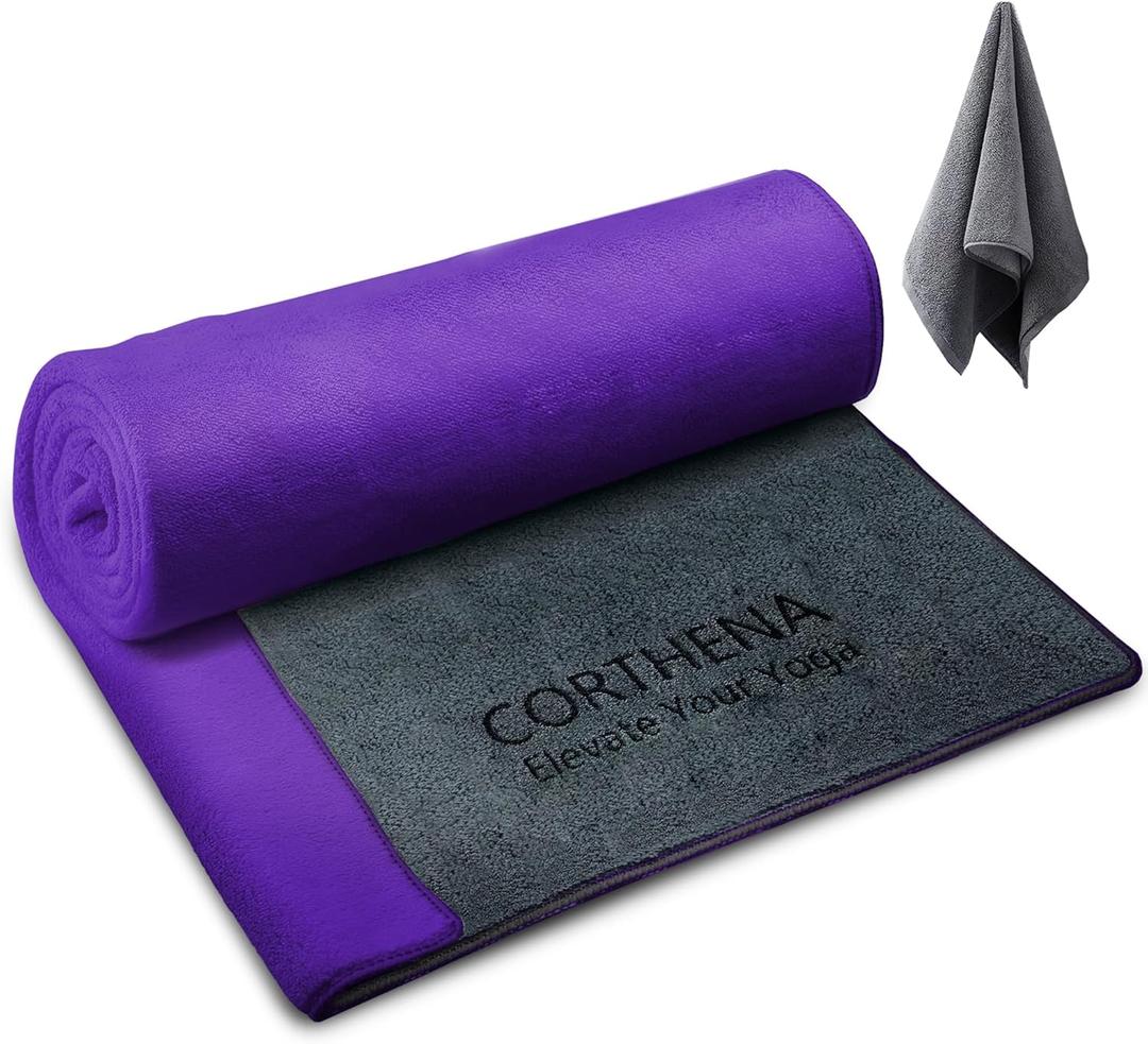 Yoga Mat Towel with Hand Towel, Extra Thick (600GSM) Soft Hot Yoga Towel, Non-Slip and Sweat Absorbent for Hot Yoga, Bikram, Pilates, and Fitness, 72" x 27.5", Dual-Color, Grey/Purple