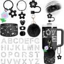 Mity rain Cup Accessories Set for Stanley cup 30oz 40oz tumbler with handle, Including A-Z Initial Letter Waterproof Diamond Sticker, Straw Topper, Spill Proof Stopper, Flower Charms, Boot (Black)