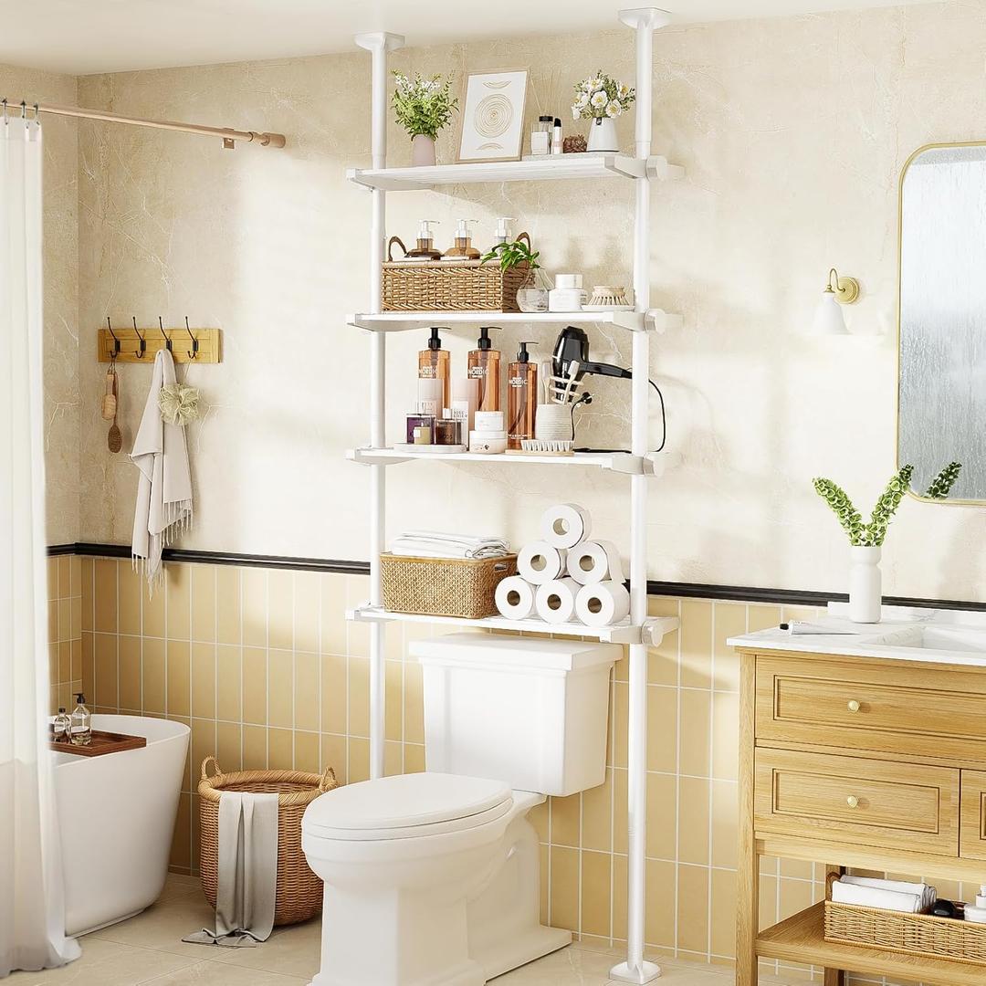 Bonpally Over The Toilet Storage Shelf, 4-Tier Adjustable Bathroom Organizer, No Drill Tension Mounted Shelves Metal, Space-Saving Bathroom Cabinet Rack Above Toilet for Small Bathroom Rooms, White, 10 inches x 31 inches x 124 inches
