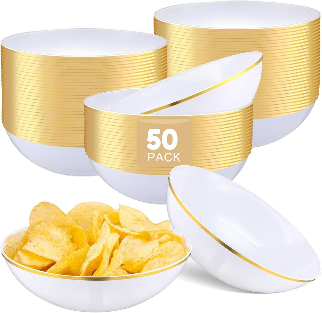 50 Pcs 12 oz White Plastic Bowls Bulk Disposable Bowls with Gold Rim Plastic Serving Tableware Birthday Party Supplies for Wedding Chips Salad Dessert Ice Cream Candy Plates Catering