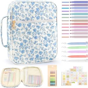 Zkptops Bible Cover Case for Women Girls Large Bible Bag Blue Cotton Quilted Floral Bible Carrying Case with Zipper Pocket and Handle Carrying Book Cover for Christian Study Supplies Christian Gift