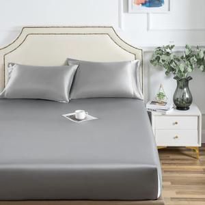 Satin Fitted Sheet, Twin Fitted Sheet Only, 1 - Piece Ultra Soft Deep Pocket Single Silk Bottom Bed Sheet Twin - Light Gray