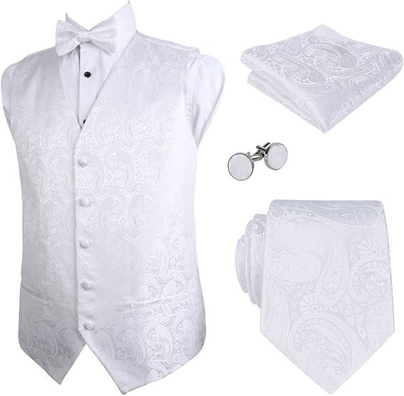 Alizeal Men's 5pcs Paisley Suit Vest Classic Jacquard Button-Down Waistcoat Set, White-S
