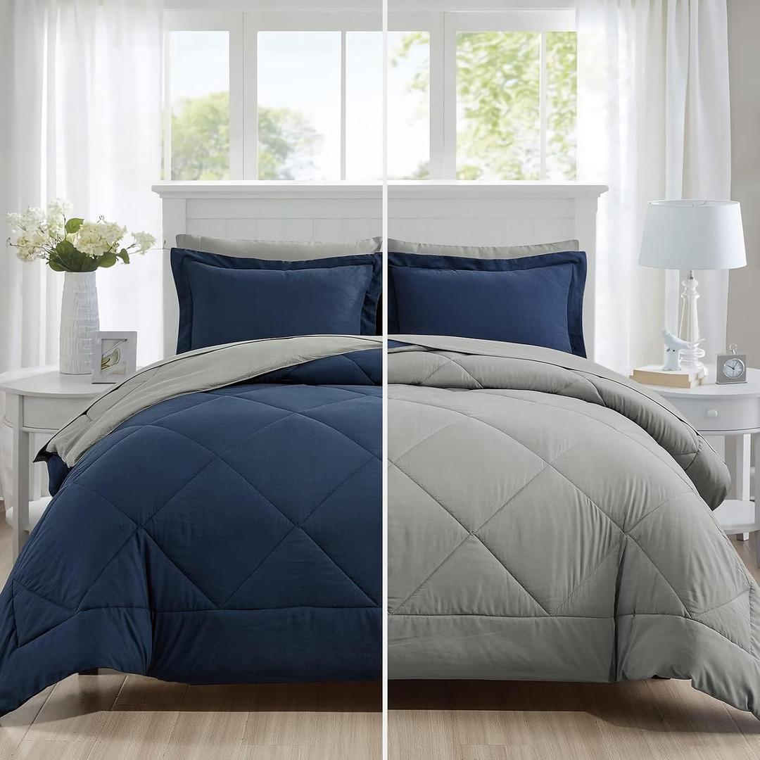 Furnishh Queen Comforter Set 7 Pieces Bed in a Bag, Full/Queen Reversible Bed Set with Comforter, Flat Sheet, Fitted Sheet, Pillowcases & Shams, Navy Blue and Grey Bedding Sets for Queen Size Bed