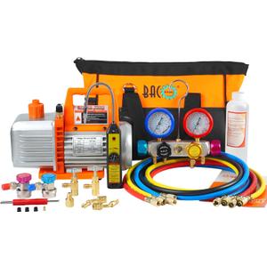 BACOENG 4.5CFM AC Vacuum Pump and Gauge Set, 4-Way HVAC Vacuum Pump Kit with Leak Detector for R134a R22 R410a Refrigerants AUTO/Mini Split Vacuum System, with Can Tap and Quick Couplers