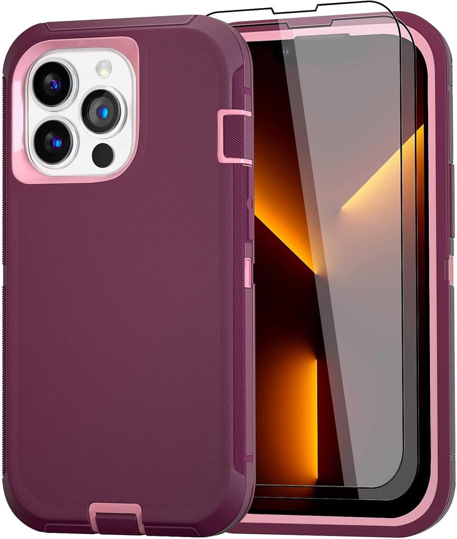 Case for iPhone 13 Pro Max Case 6.7" with 2 Screen Protector, Full Body Heavy Duty Military Grade Cover, Shockproof/Drop Proof Protection Phone Case (Wine Red Pink)