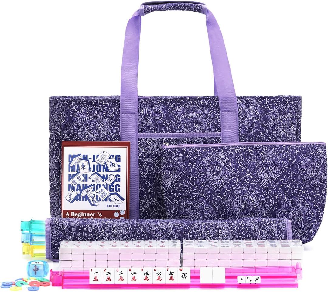 American Mahjong Tile Set with Purple Printed Carrying Bag, 166 Premium White Tiles, 4 All-in-One Color Racks/Pushers, Mah Jongg Sets, Complete Mahjong Game Set for Travel, 4 inches x 9 inches x 21 inches