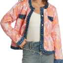 D-Sun Women's Floral Denim Jacket Long Sleeve Cropped Jacquard Jean Jacket Crewneck Button Down Casual Denim Fall Coats