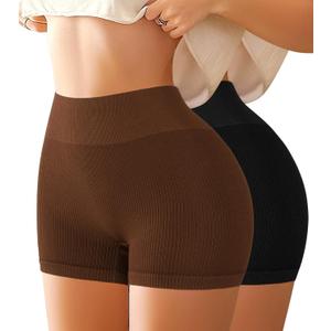 High Waisted Slip Shorts for Under Dress Womens Tummy Control Seamless Boyshorts Panties Gym Running Ribbed Boyshorts (Medium, A Multicolored, 2 Pack)