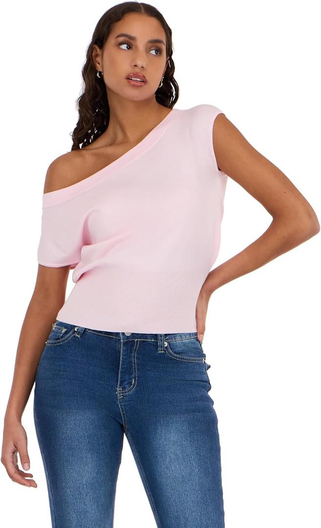 Forever 21 Women's Off The Shoulder Short Sleeve Sweater with Rib Waist (Large, Pink)