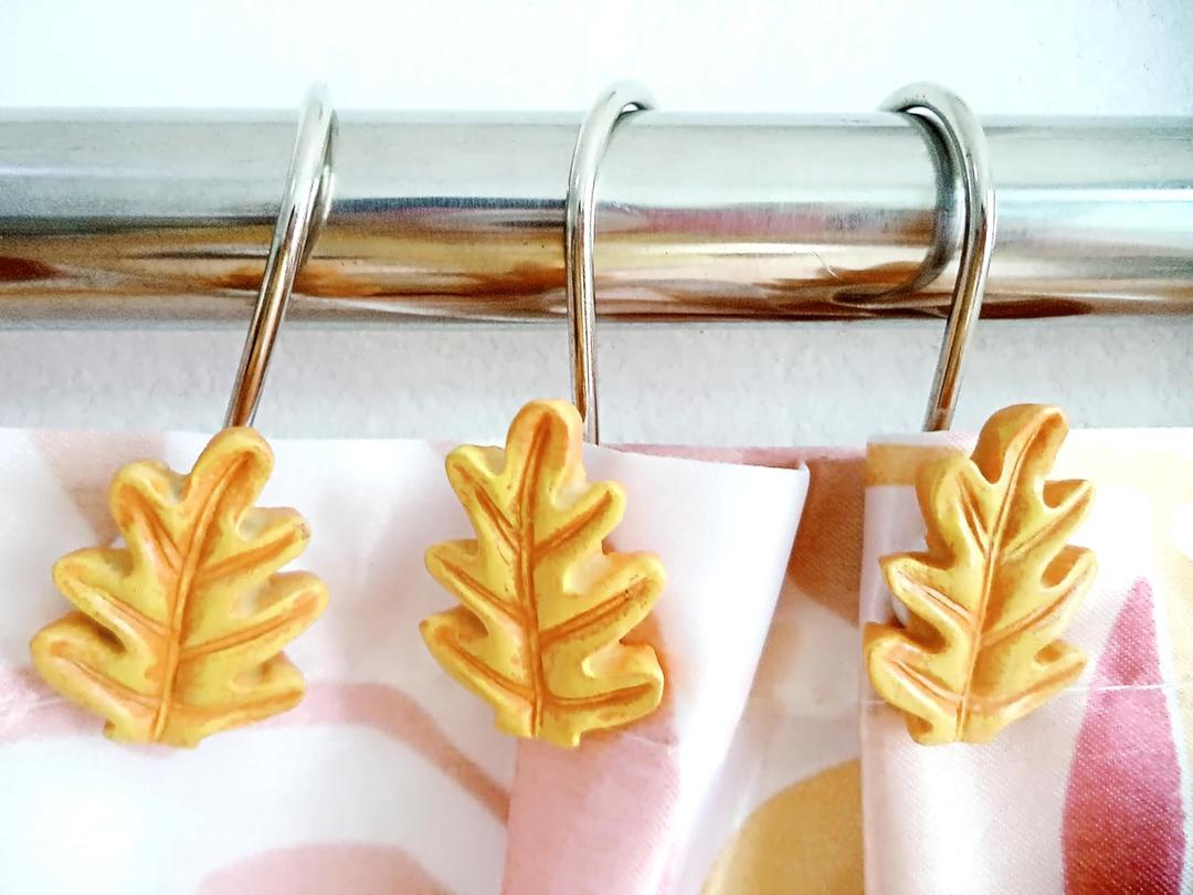 Twofish Home Autumn Leaves Anti-Rust Shower Curtain Hooks - Decorative Resin Rings Set of 12