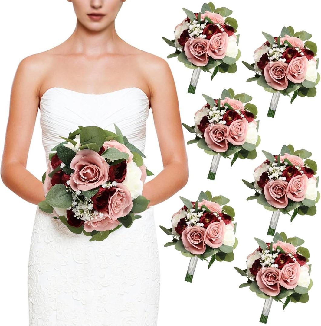 Set of 6 Dusty Pink & Burgundy Artificial Bridesmaid Bouquets, 11 Inch Round Wedding Decorations
