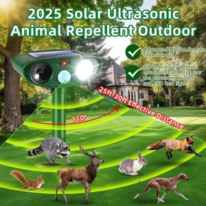 2 Pack Solar Ultrasonic Animal Repeller Outdoor Sonic Fortress Pro Deer Repellent Animal Repellent with Motion Detection Flash Light for Cat Racoon Squirrel Dog Rodent Rabbit Deterrent for Garden Yard