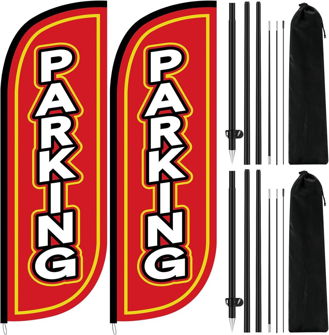 Pack of 2 Parking Feather Flag with 7 ft Pole Kit for Business Outside Includes Banner and Pole Sets, Outdoor Parking Feather Banner Easy Hang Swooper Flag