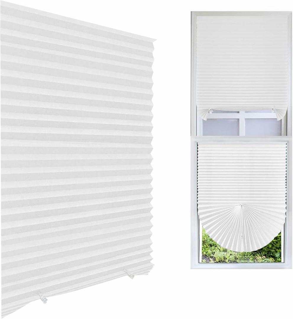 Cordless Blackout Pleated Fabric Shade Window Shades Blinds Darkening Temporary Light Filtering Pleated Paper Shade Easy to Install and Cut for Home Bedroom Office HxW(59" x 35") (White)