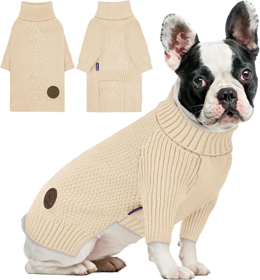 cyeollo Dog Sweater Turtleneck Knitted Sweaters with Long Sleeves Winter Dog Clothes Sweaters for Small Dogs Beige (Large)
