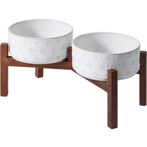 Havniva 7.3" Elevated Dog Bowls Ceramic Raised Dog Bowl with Non-Slip Stand (Acacia Wood) Weighted Dog Food & Water Bowl for Medium Breed Dogs - 5 Cups 41 oz