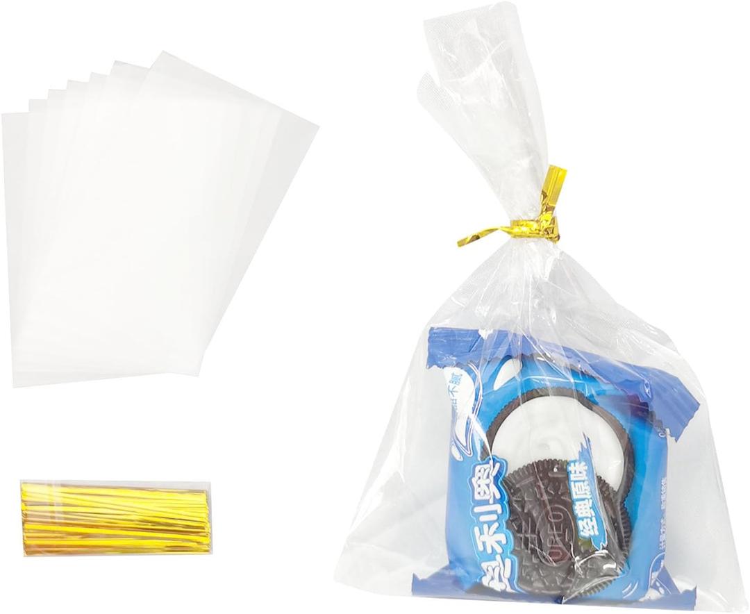 TYPAILYX 100Pcs 4"x 6" Bottom Gusset Bags, Clear Cello Cellophane Plastic Treat Goodie Bags with 100x Twist Ties for Gift Party Favors (Transparency)
