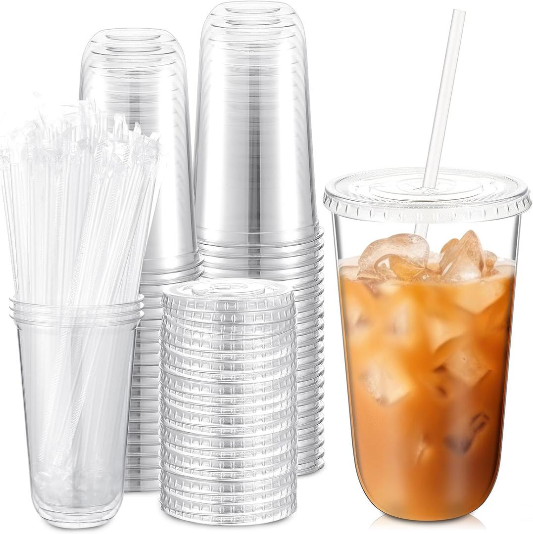 Ziliny 50 Sets Clear Plastic Cups with Lids and Straws, Disposable Iced Coffee Cups Drinking PET for Cold Drinks, Juice, Smoothie, Coffee Shops, Party, Christmas (18 oz,Clear)