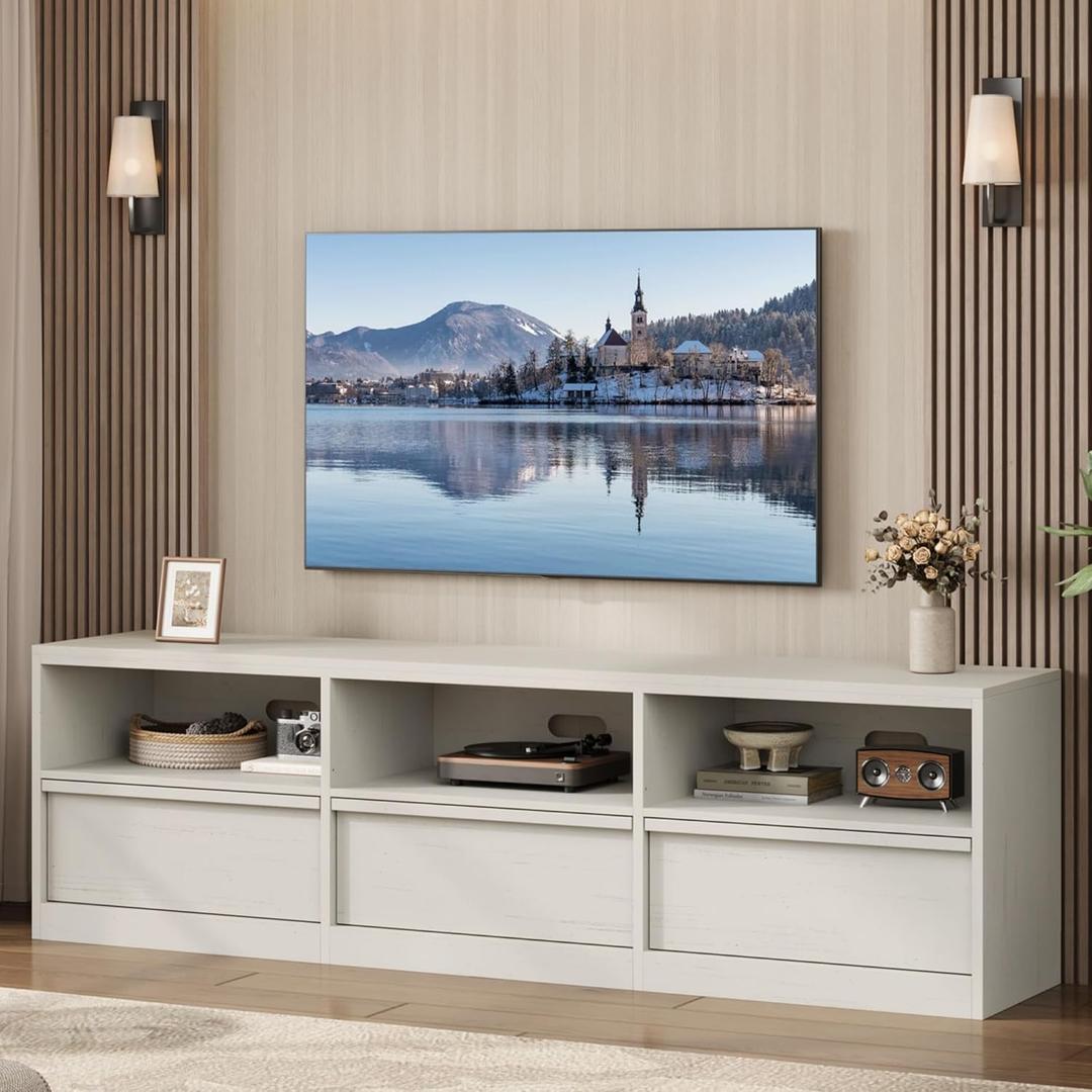 GarveeHome 70 in TV Stand for TVs up to 85 in, Mid Century Modern Entertainment Center with Storage Drawer & Open Shelves, Heavy Duty Media Console for Living Room and Bedroom, White