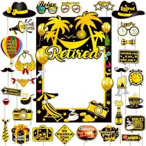Retirement Party Photo Booth Props Kit Retirement Selfie Props Retirement Party Supplies Retirement Happy Party Decoration - 30pcs Selfie Props with Happy Retirement Frame - Black and Gold Theme