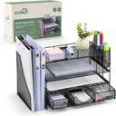 Desk Organizers and Accessories, 4 Tier Paper Letter Tray Organizer Holder Desk Organization with Drawer, Mesh Desktop Organizer with Vertical File Holder Workspace Accessories for Office Supplies