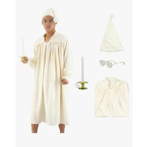 5 Pcs Men's Pajama Set Adult Nightshirt Night Sleeping Cap Gloves Candle Holder and Candle for Halloween Christmas.XXL
