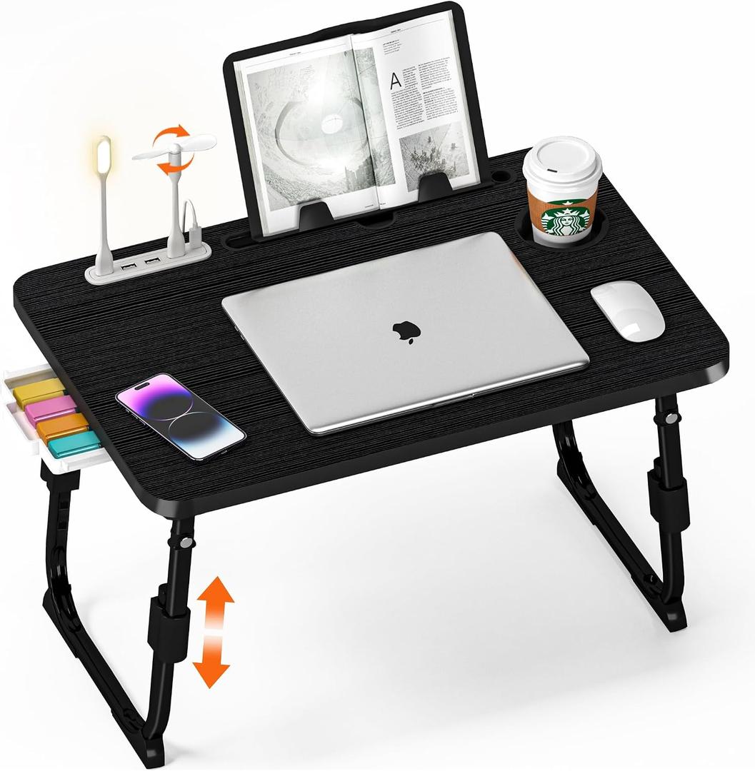 Laptop Desk for Bed Height Adjustable, Lap Bed Table with USB/Storage Drawer/Cup Holder/Tablet Stand/Book Shelf, Foldable Breakfast Tray Portable for Reading Writing, Sofa & Floor, Black, 23.6" x15.7"