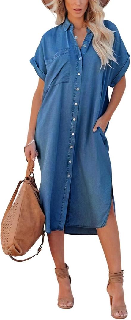 chouyatou Women's Summer Loose Hand Pocket Midi Long Tunic Denim Shirt Dress (Large, Dark Blue)