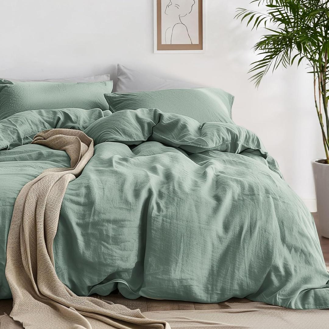 Bedsure 100% Washed Cotton Duvet Cover Cal King - Olive Green Minimalist Duvet Cover Linen Like - GentleSoft Plain Simple Bedding Set with 2 Pillow Shams (Olive Green, California King, 104"x98"), Green (No Comforter)