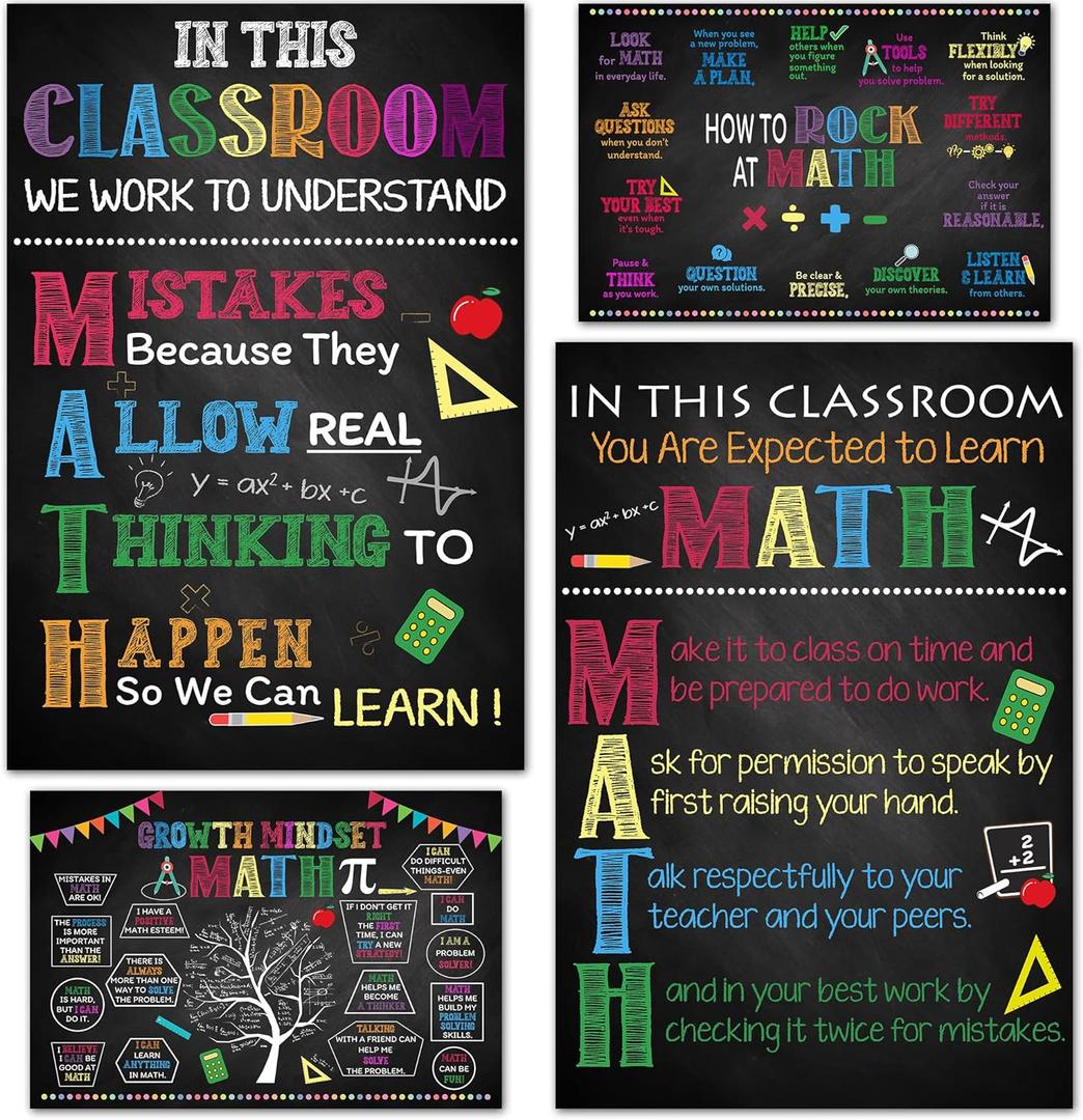 4 x BEAWART Math Posters, 4 Pack 11x17 Classroom Chart for Teacher Elementary | Supplies for Students, Decorations for Elementary, Middle, High School, Mathematics Education, Essential Signs Must Haves