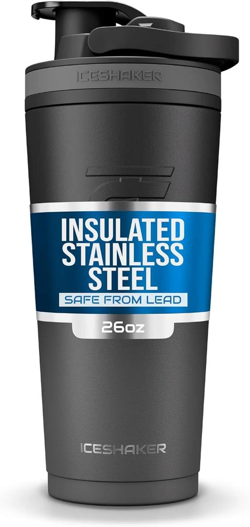 Ice Shaker Insulated Stainless Steel Shaker Bottle | 26oz, Grey Color Rush | Cold for 24+ Hours | Insulated Cup with Twist-on Agitator | Odor-Free Bottle for Shakes, Water, Smoothies, Cocktails